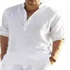 2023 camisa de manga larga de lino para hombre, camiseta holgada, camisa de lino de algodón de manga larga de Color sólido para hombre de talla grande
