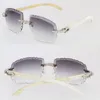 Luxury Big Diamond Set Sunglasses Men Original White Genuine Natural Horn Rimless glasses Womans 8200758 Diamond Cut Lens Eyeglasses Male and Female New Mirror