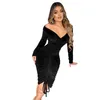 Women Velvet Dresses Designer Pleated Slim Sexy V-neck Off Shoulder Bodycon Dress Clubwear