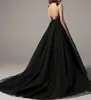 Gothic Black Formal Dress 2022 Sexy Prom Dresses crew Long Lace Flowers Backless Plus Size Evening Gowns Side Split Tulle Vestidos