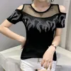 Dames t shirts off schoudernet garen diamant t-shirts poleras de mujer moda 2022 zomer vrouw korte mouw strass t-shirt dames tops