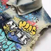 Retro Mavi Moto Biker 2pcs Jeans Erkekler İçin Set Gevşek Graffiti Denim yelek ve yırtık dikiş ince bisikletçi pantolon vintage sokak kıyafetleri