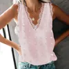 Dames t shirts zomer casual mouwloze tanktops voor vrouwen mode geborduurde kanten trim riem riem blouse shirt elegante dame v-neck chiffon