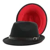 Boinas QBHAT de ala corta negro rojo Patchwork Jazz Fedora sombrero con hebilla de cinturón mujeres hombres fieltro de lana Panamá Homburg para fiesta boda