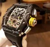 2022 11-03 A21J Automatic Mens Watch Carbon Fiber Case Black Skeleton Dial Big Date Yellow Crown Rubber Strap 8 Styles Watches Puretime F6