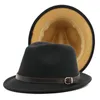 Boinas QBHAT de ala corta negro rojo Patchwork Jazz Fedora sombrero con hebilla de cinturón mujeres hombres fieltro de lana Panamá Homburg para fiesta boda
