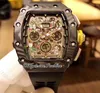 2022 11-03 A21J Automatic Mens Watch Carbon Fiber Case Black Skeleton Dial Big Date Yellow Crown Rubber Strap 8 Styles Watches Puretime F6