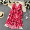 Novas mulheres casuais vestidos de ver￣o estampa floral full full lady vestido a linha v pesco