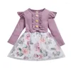 M￤dchenkleider Kinder Herbstkleid Fashion Rippen florale N￤hte O-Neck Long Sleeves Sackled Casual Gaze f￼r M￤dchen 9 Monate bis 4 Jahre
