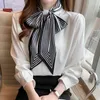 Women's Blouses Vintage Work Casual Tops Chiffon Blouse Elegant Long Sleeve Loose Shirts 2022 Summer Office Shirt Womens Bow B427