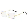 Solglas￶gon f￶r kvinnor Rimless Rectangle Trendy Fashion Sheer Pink Blue Lens Frameless Glasses Metal Art Vintage Buffs Glasses Men Shades Sport Style Retro Mirrored