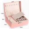 Jewelry Pouches Big Carrying Case Pink Double 2 Layer PU Leather Box Earring Bracelet Necklace Ring Storage Holder Organizer