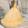 Novo vestido amarelo de flor de flor de ombro, vestido de casamento de aniversário vestidos de festas de festas da primeira comunhão de qualidade alta