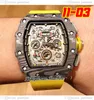 2022 11-03 A21J Автоматические мужские мужские часы Carbon Fiber Case Black Skeleton Dial Big Date Yellow Crown Резиновый ремешок 8 Styles Watches Puretime D4