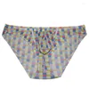 Underpants Men Sports Plaids Mesh Briefs Gay Underwear Male Balls Hole & Penis Pouch Guy Bikini