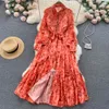 Nya casual kvinnliga klänningar sommarblommigt tryck Slim Full Lady Dress en linje Chiffon Turndown Collar Single Breasted 2023