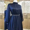 Elegante marineblaue muslimische Abendkleider mit langen Ärmeln A-Linie Stehkragen Damen formelle Kleider 2022 Kristall-Chiffon-Abschlussballkleid Robes De Soiree