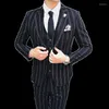 Men's Suits Autumn And Winter Mens Striped Dress Suit Black Navy Blue High-end Business Wedding Banquet Men Blazer Jacket Vest Pants