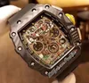 2022 11-03 A21J Automatic Mens Watch Carbon Fiber Case Black Skeleton Dial Big Date Yellow Crown Rubber Strap 8 Styles Watches Puretime F6