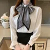 Frauen Blusen Vintage Arbeit Casual Tops Chiffon Bluse Elegante Lange Hülse Lose Shirts 2022 Sommer Büro Shirt Frauen Bogen b427