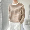 Men's T Shirts Autumn Long Sleeve T-Shirt Men Fashion 3 Colors Casual Striped Korean Loose O-Neck Pleated Shirt Mens Top M-2XL