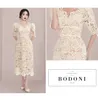 Urban Sexy Dresses Summer Elegant Hollow Out Floral Embroidery Lace Dress Women Puff Sleeve V Neck Bow Water Soluble Evening Party Midi Vestidos 2023