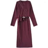 Casual Dresses M-3XL Women's Dress Long Sleeve 2022 Spring V-Neck Wine Red Fashion Striped Hip Solid Color Stitching Vestidos Mujer