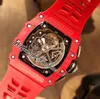 2022 11-03 A21J Автоматические мужские мужские часы Carbon Fiber Case Black Skeleton Dial Big Date Red Crown Rubber Styf 8 Styles Watches G7 G7