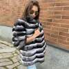 Women's Fur Mid-length Real Rex Jacket Stand Collar Natural Chinchilla Color Genuine Coat Full Pelt Overcoats