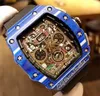 2022 11-03 A21J Automatic Mens Watch Blue Carbon Fiber Case Skeleton Dial Big Date Black Crown Rubber Strap 8 Styles Watches Puretime H8