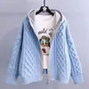 Kvinnors stickor Spring Autumn Långärmad tröja Cardigan Coat Women Korean Fashion Casual Knittad kvinnlig huva Jacka BLÅ BLUE