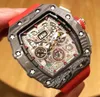 2022 11-03 A21J Automatic Mens Watch Carbon Fiber Case Black Skeleton Dial Big Date Red Crown Rubber Strap 8 Styles Watches Puretime C3