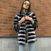 Women's Fur Mid-length Real Rex Jacket Stand Collar Natural Chinchilla Color Genuine Coat Full Pelt Overcoats