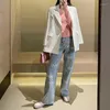جينز للسيدات رسالة أزياء كورية مطرزة امرأة عالية الخصر Y2K الساق واسعة بانت أزياء الشارع مستقيمة السراويل الفضفاضة سراويل الدنيم