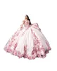 2022 Różowe sukienki Quinceanera Słodka 16 sukienka 3D kwiatowe kwiaty z ramion luksusowy seksowna koronkowa Kryształowe Krzyki Promowe suknie balowe z koralikami suknia balowa