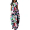 Robes décontractées 2022 Roses Imprimer Femmes Robe à manches courtes Lâche Longue Double Poche Plage Robe de vacances-Femme