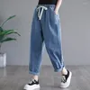 Frauen Jeans Sommer Frauen gute Qualit￤t Baumwoll-Denim-Kn￶chel-L￤nge-Hosen Elastische Taille mit mittlerem beschichtetem Loose Harem Casual V135