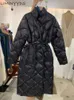 Dames Down Parkas Winter Black Long Coat Cotton met katoenen gekantde jas Koreaans Casual Loose Street Style Belt Oversize 220919