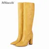 Boots Women High Knee Elegant Crocodile Print Microfiber Long Pointed Toe Chunky Heel Party Shoes Thick Bottom Botas 220729