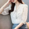 Women's T Shirts 2022 Fashion Women Blouses Spring Polka Dot Pattern Bow Collar Chiffon Three Quarter Sleeve Oversize OL Female Tops