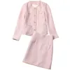 2022 Autumn Pink Solid Color Two Piece Dress Sets Long Sleeve Round Neck Tweed Single-Breasted Coat & Panelled Short Skirt Suits Set 22S02T2067