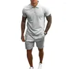 Survêtements pour hommes hommes coton fermeture éclair à manches courtes chemise Shorts 2 pièces ensemble 2022 été revers couleur unie costume tissu sport Slim Fit-40