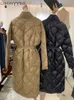 Dames Down Parkas Winter Black Long Coat Cotton met katoenen gekantde jas Koreaans Casual Loose Street Style Belt Oversize 220919