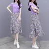 Werkjurken Tweede stuks set vrouwen elegante bloemenprint hoge taille a-line rokken zomer zomer korte mouw t-shirt dames mode kledingpak e77