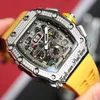 2022 11-03 A21J Mens Mens Watch Steel Case Diamonds Bezel Skeleton Dial Big Date Yellow Crown Rubber Strap 8 Styles Watches PHERETIME H8