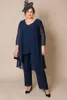 Dark Navy Plus Size Mothers Pant kostymer p￤rlor V Neck Pantsuits Chiffon Long Sleeves Groom Mother Dresses for Wedding Guest