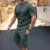 Herren-Trainingsanzüge, 2-teilig, schickes Herren-T-Shirt, Shorts-Set, mittlere Taille, Hawaii-Kurzarm, reine Farbe, Oberteil, Hose