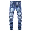 Herr Hip Hop Tie Dye Ripped Jeans Fashion Streetwear Casual Slim Fit Denim Pants Dark Blue Hole dragkedja Byxor Storlek 28-42