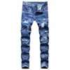 Herr Hip Hop Tie Dye Ripped Jeans Fashion Streetwear Casual Slim Fit Denim Pants Dark Blue Hole dragkedja Byxor Storlek 28-42