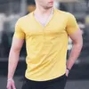 Camisetas masculinas de cor sólidas camisetas masculinas camisa de manga curta de ginástica em vés com decote em V para homens